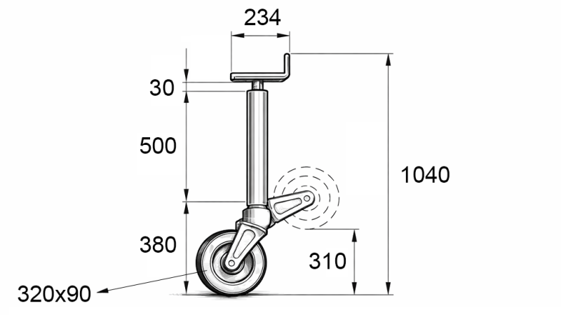 THREADED SUPPORT LEG WITH WHEEL (HEIGHT 1040 mm - STROKE 300 mm) - 1.500 kg