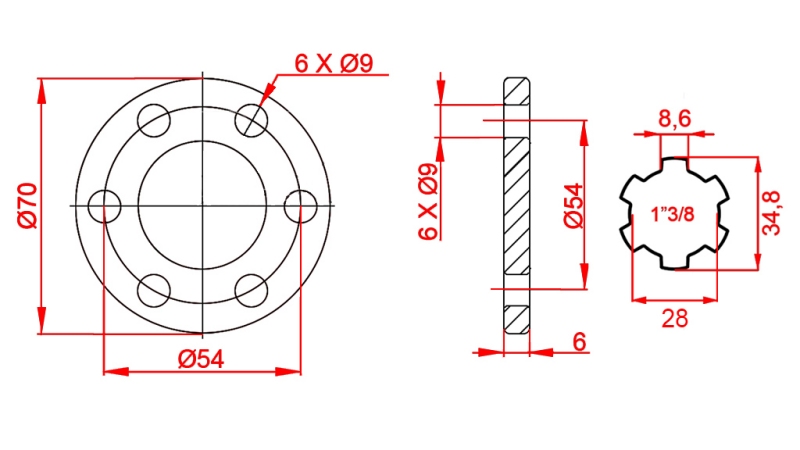 ADAPTER KARDANA Z KOŁNIERZEM 6 OTWORÓW 1-3/8 (90 mm)