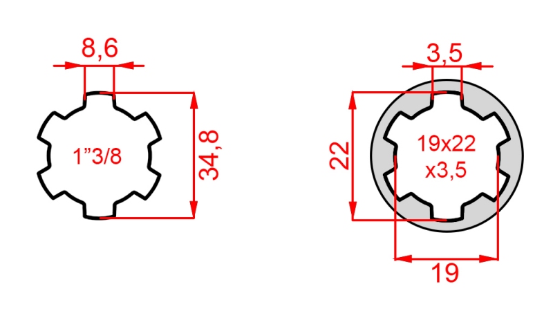 KARDANADAPTER FRA 19x22x3,5 (10 SPLINES) TIL 1-3/8 (120 mm)
