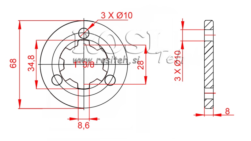 KARDANADAPTER MED FLENS 3 HULL OG PINNE 1-3/8 (80 mm)