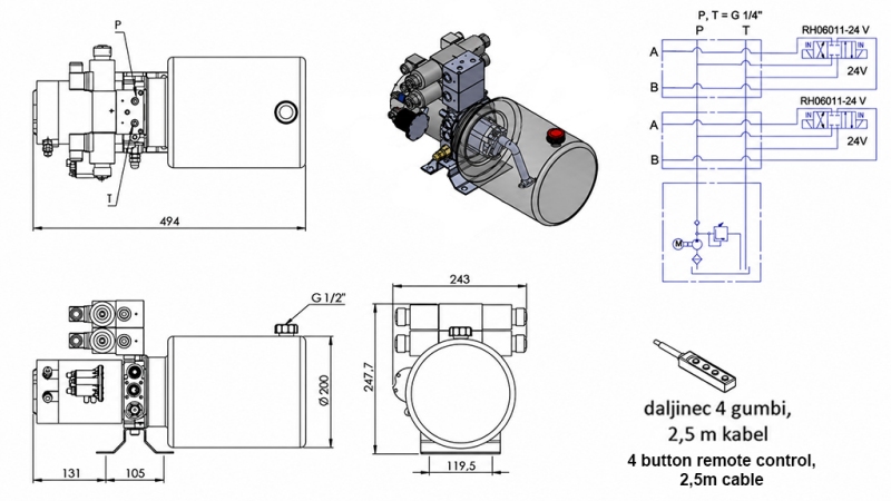 MINI AGGREGATO CILINDRICO 24V DC - 2,2kW = 2,1cc - 8 lit - 2x montaggio a due vie (metallico)