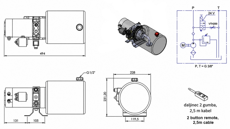 MINI JEDNOSTKA ZASILAJĄCA HYDRAULICZNIE 24V DC - 2.2kW = 2.1cc - 8 lit - montaż jednofazowy (metal)