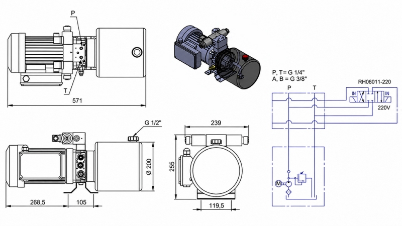 MINI HYDRAULICKÁ JEDNOTKA 230V AC (1.5 kW) - 5.8 cc - 8.2 lit/min - nádrž 6 lit