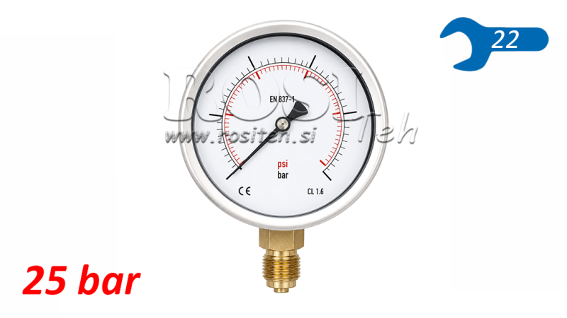 MANOMETER DN100 VERTIKAL 0 - 25 BAR - 1/2