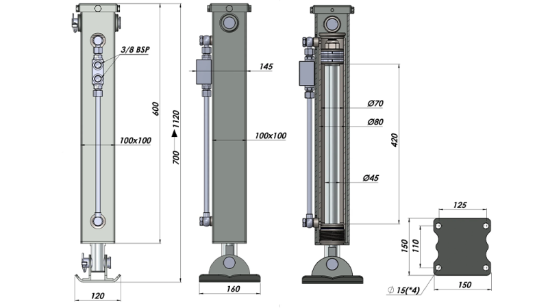 DOUBLE-ACTING HYDRAULIC SUPPORT LEG (100x100x700 mm) - STROKE 420 mm - 5.000 kg