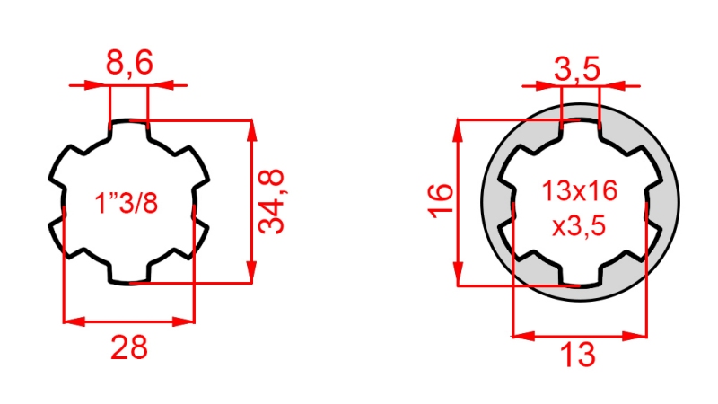 ADATTATORE CARDANICO DA 13x16x3,5 (6 SCANALATURE) A 1-3/8 (120 mm)