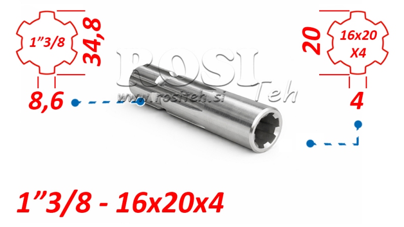 ADATTATORE CARDANICO DA 16x20x4 (6 SCANALATURE) A 1-3/8 (120 mm)