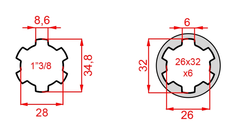 ADATTATORE CARDANICO DA 26x32x6 (6 SCANALATURE) A 1-3/8 (145 mm)