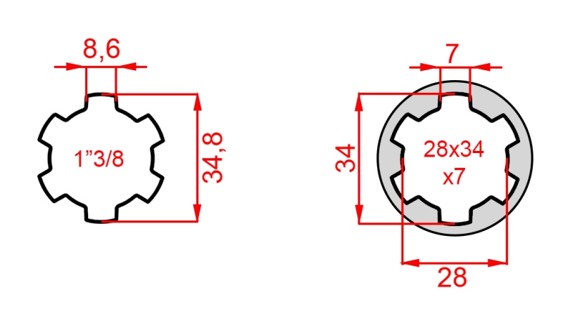 ADATTATORE CARDANICO DA 28x34x7 (6 SCANALATURE) A 1-3/8 (145 mm)