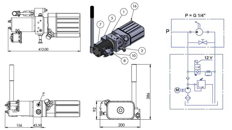 MINI HYDRAULICKÝ AGREGÁT 12V DC - 0.8kW = 0.5cc - 1.5 lit - jednofázová jednotka (PVC) s ruční pumpou