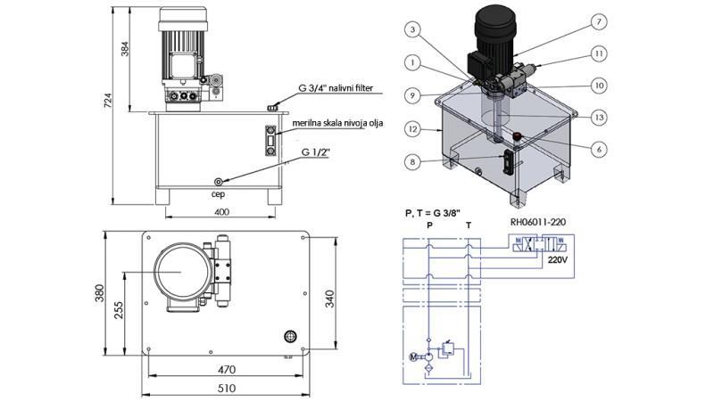 MINI HIDRAULIKUS EGYSÉG 380V AC (4 kW) - 8 cc - 12 liter/perc - tartály 40 liter