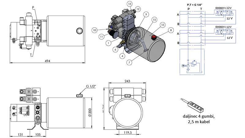 MINI HYDRAULIC AGGREGATE 12V DC - 1.6kW = 2.1cc - 8 lit - 2x bidirectional assembly (metal)
