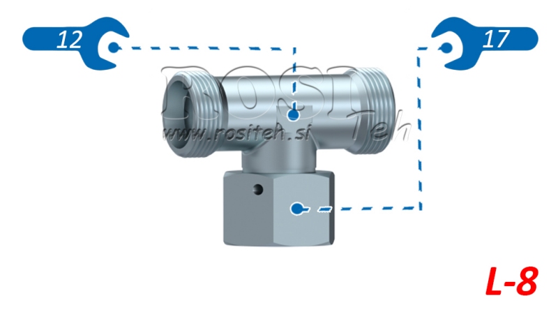 RACCORDO A T IDRAULICO L-8 CON DADO GIREVOLE CENTRALE M14X1,5