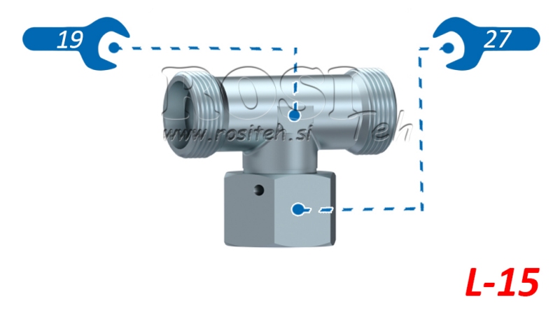 RACCORDO A T IDRAULICO L-15 CON DADO GIREVOLE CENTRALE M22X1,5