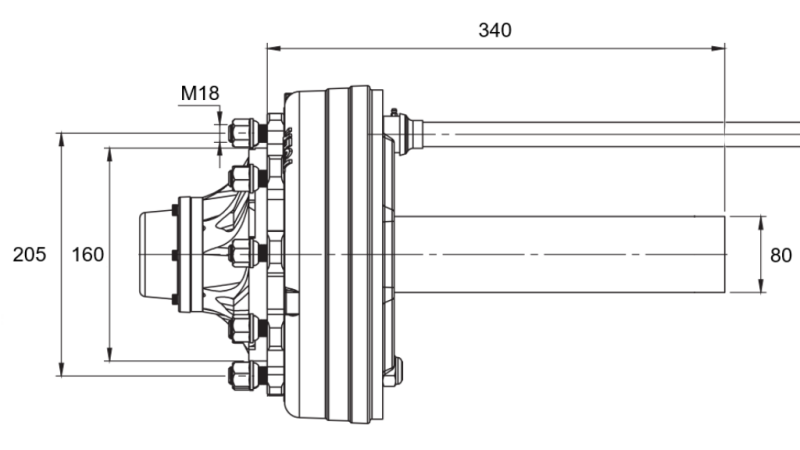 HALBACHSE MIT BREMSEN - 4400 kg (6 SCHRAUBEN) - 340 mm