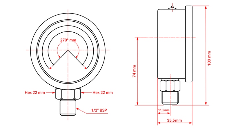 MANOMETER DN100 VERTIKAL 0 - 400 BAR - 1/2