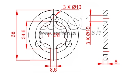PTO ADAPTER WITH FLANGE 3 HOLES AND PIN 1-3/8 (80 mm)