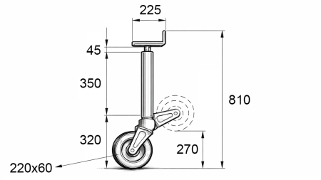 THREADED SUPPORT LEG WITH WHEEL (HEIGHT 810 mm - STROKE 240 mm) - 700 kg