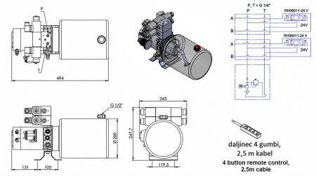 MINI AGGREGATO CILINDRICO 24V DC - 2,2kW = 2,1cc - 8 lit - 2x montaggio a due vie (metallico)