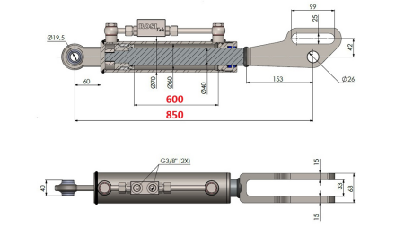 2TON. HYDRAULINEN KALLISTUSSYLINTERI NIVELPÄÄLLÄ 60/40-250 (600MM-850MM)
