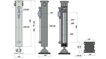 DOUBLE-ACTING HYDRAULIC SUPPORT LEG (100x100x700 mm) - STROKE 420 mm - 5.000 kg