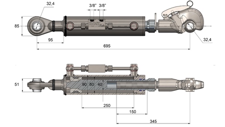HYDRAULIKOBERLENKER MIT GEWINDEHAKEN - CAT. 3 - 80/40-250 (+95 HP) (32,2 mm)