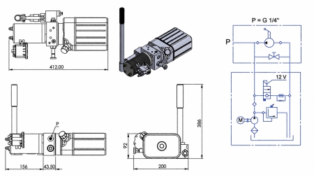 UNITÀ DI POTENZA IDRAULICA MINI 12V DC - 0.8KW = 0.5CC - 1.5 LITRI - ASSEMBLAGGIO A SINGOLO EFFETTO (PVC) CON POMPA MANUALE