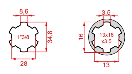 ADATTATORE CARDANICO DA 13x16x3,5 (6 SCANALATURE) A 1-3/8 (120 mm)