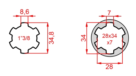 ADATTATORE CARDANICO DA 28x34x7 (6 SCANALATURE) A 1-3/8 (145 mm)