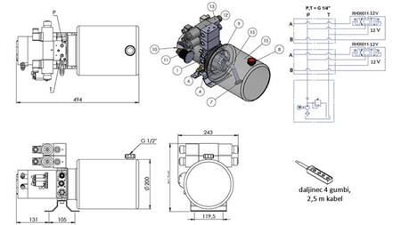 MINI HYDRAULIC AGGREGATE 12V DC - 1.6kW = 2.1cc - 8 lit - 2x bidirectional assembly (metal)