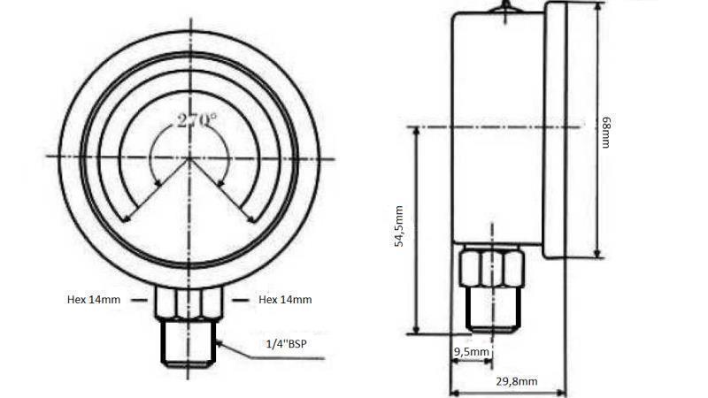 MANÔMETRO DN63 VERTICAL 0 - 4 BAR - 1/4-dimensões