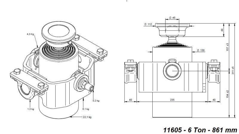TELESCOPISK SYLINDER KOMPAKT 6 GRADER 861mm x125 -KULE