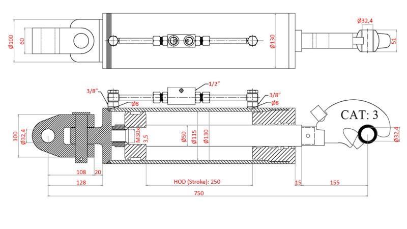 HYDRAULIC SPECIAL TOP LINK WITH HOOK - 4 CAT. 115/50-250 (90-250HP)(32,4mm)