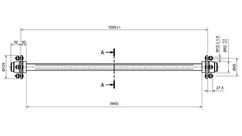 AXLE FOR TRAILER 950kg WITHOUT BRAKES (1000 mm)