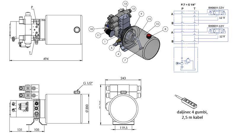 MINI HYDRAULICKÁ JEDNOTKA 12V DC - 1,6kW = 2,1cc - 8 lit - 2x dvojosmerný (kovový)