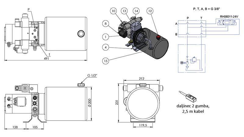 MINI AGGREGATO IDRAULICO 24V DC - 2.2kW = 2.1cc - 8 lit - assemblaggio bidirezionale (metallo)
