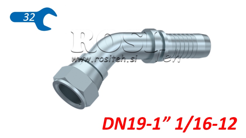 COLLEGAMENTO IDRAULICO DKJ JIC74° CURVA FEMMINA 45° DN19-1 1/16-12