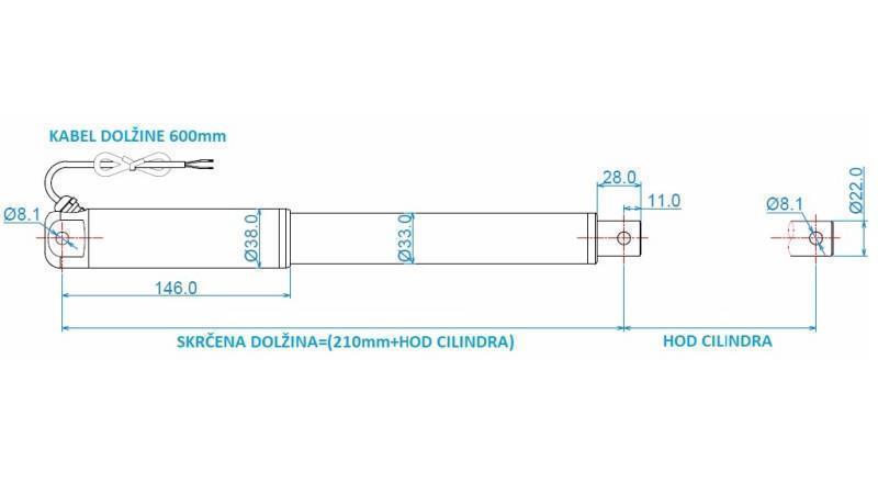 ELEKTRIČNI CILINDER 12V 80kg-12mm/sek HOD 600mm - dimenzije