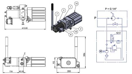 MINI HIDRAULIKUS EGYSÉG 12V DC - 0.8kW = 0.5cc - 1.5 lit - egyfázisú egység (PVC) kézi pumpával