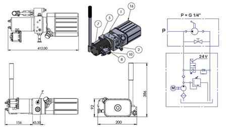 MINI HYDRAULIC POWER-PACK 24V DC - 0,8kW = 0,5cc - 1,5 lit - one way assembly (PVC) with HAND PUMP