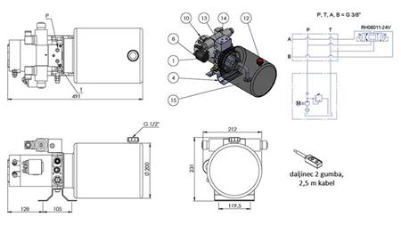 MINI AGGREGATO IDRAULICO 24V DC - 2.2kW = 2.1cc - 8 lit - assemblaggio bidirezionale (metallo)