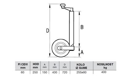 PODPORNA NOGA AVTO PRIKOLICE 250mm-400kg