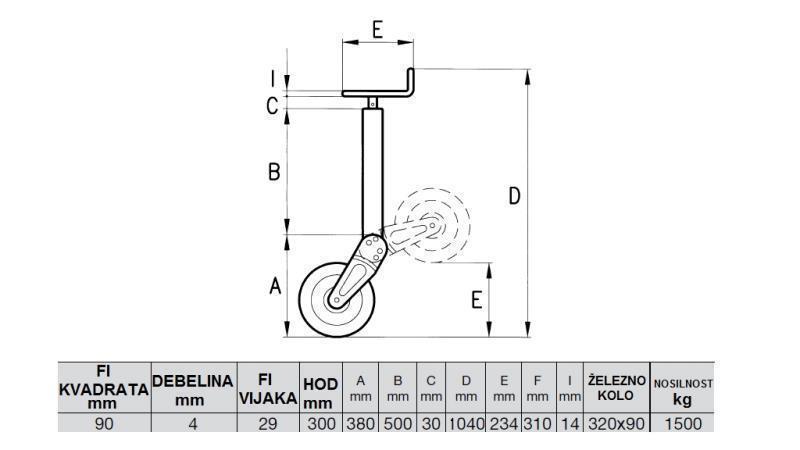 THREADED PARKING JACK FOR TRAILERS 300mm - 1500KG WITH SUPPORT WHEEL